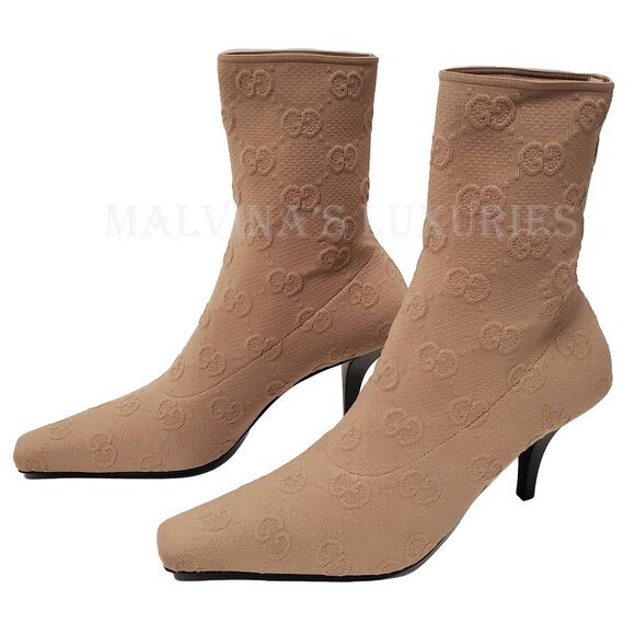 GUCCI BOOTS TOM TECHNICAL GG LOGO NUDE JERSEY DOUBLE G LOGO HEEL sz 38 8 - Picture 3 of 15